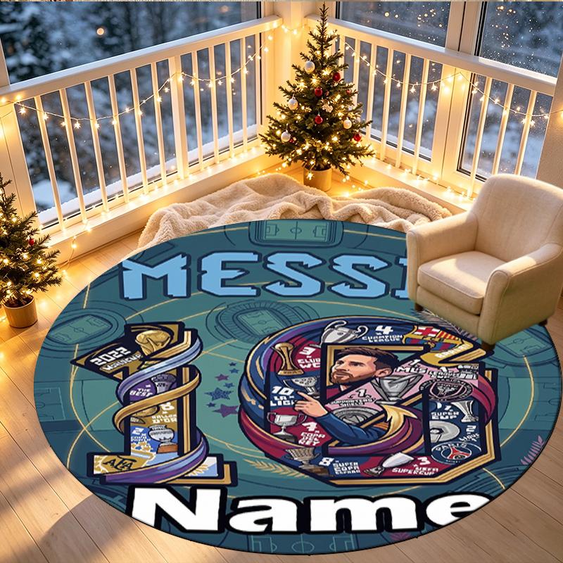 Custom Name Personalized Leo Messi Print Round Rug, Versatile Home Decor Carpet, for Playroom, Apartment, Balcony, Entryway, Hallway Gift