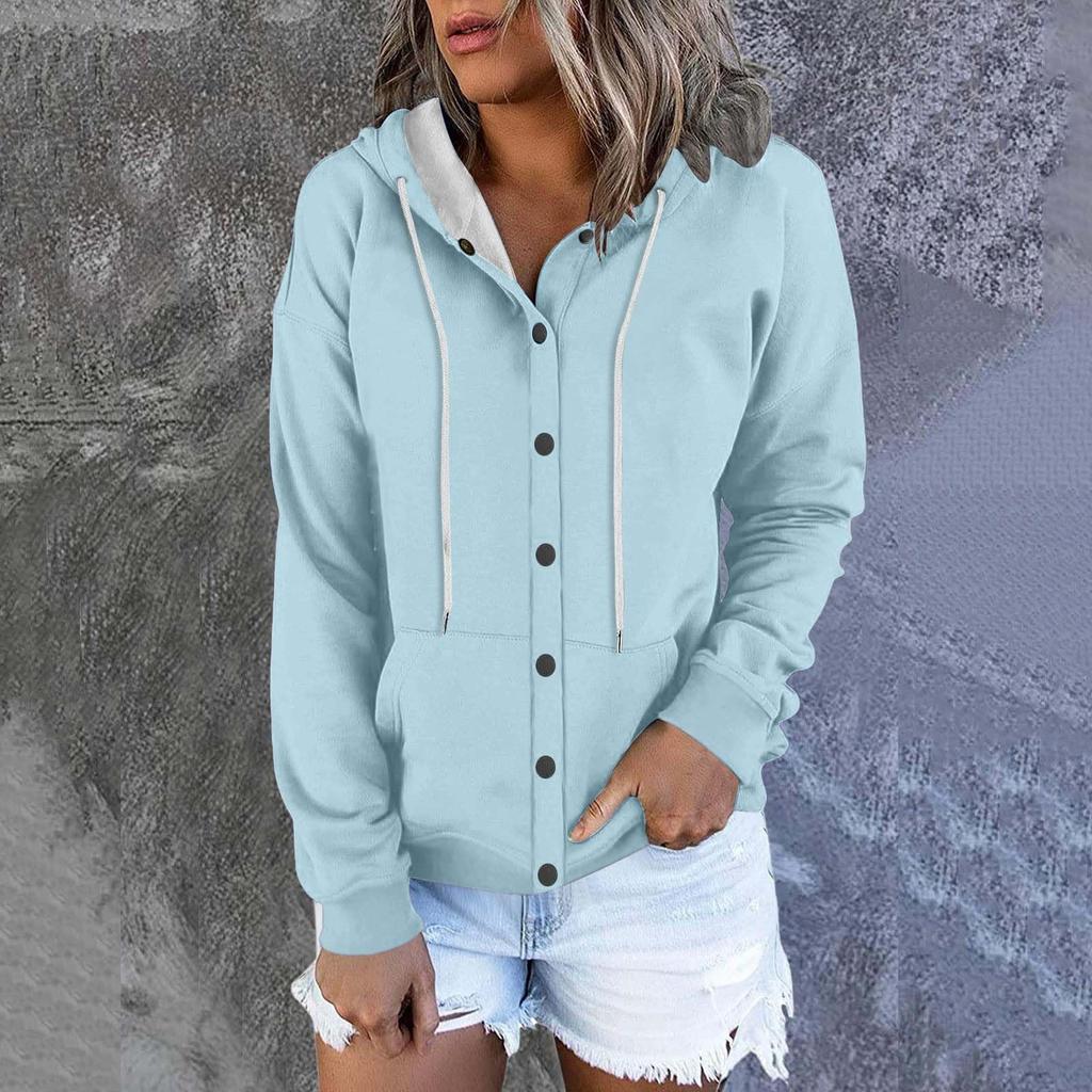 Women's Fashion Casual Solid Colour Button Hoodie Long Sleeve Sweatshirt Drawstring Jacket Coat