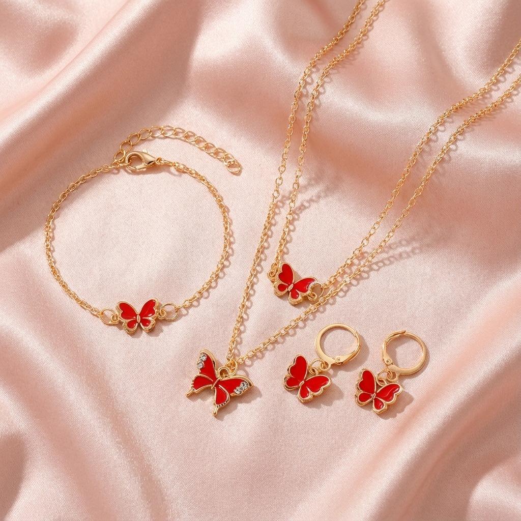 Exquisite and Luxurious Butterfly Pendant Necklace and Bracelet Set, Unique High-End Oil-Drip Earrings