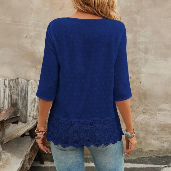 Женская рубашка с V-образным вырезом, рукавом 3/4, повседневная, с кружевной вставкой на подоле, жаккардовым декором, однотонная, дышащая