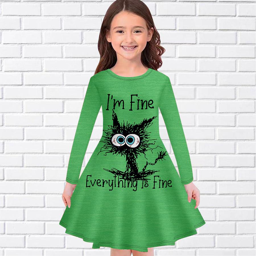 Повседневное платье для девочек с принтом «Глупый кот» и круглым вырезом, длинными рукавами, детское платье принцессы