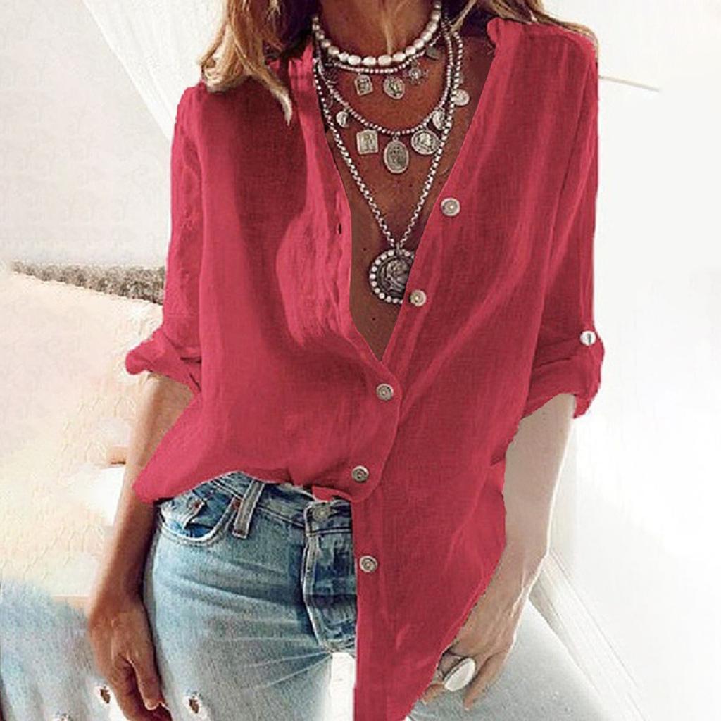 Tops V-Neck Shirt Blouse Tunic Long Shirt Large Sizes Linen Tops Plain T-Shirt Loose Elegant Pullover