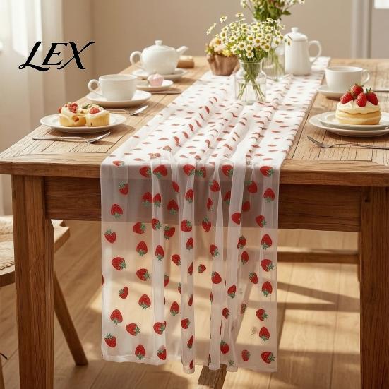 Wedding Reception Tablecloth Sheer Tulle Table Runner, Strawberry Cherry Lemon Pattern, Summer Overlay Overlay, Seasonal Fruit Runner for Birthday