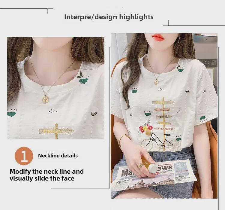 Женская летняя вышитая свободная футболка больших размеров с коротким рукавом