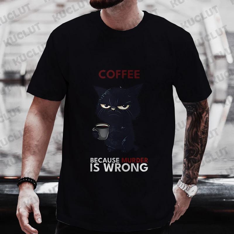 Men's Street Wear Cat Lover Funny Coffee Because Murder Print T-shirt Short Sleeve O-neck Streetwear Summer T Shirts Men