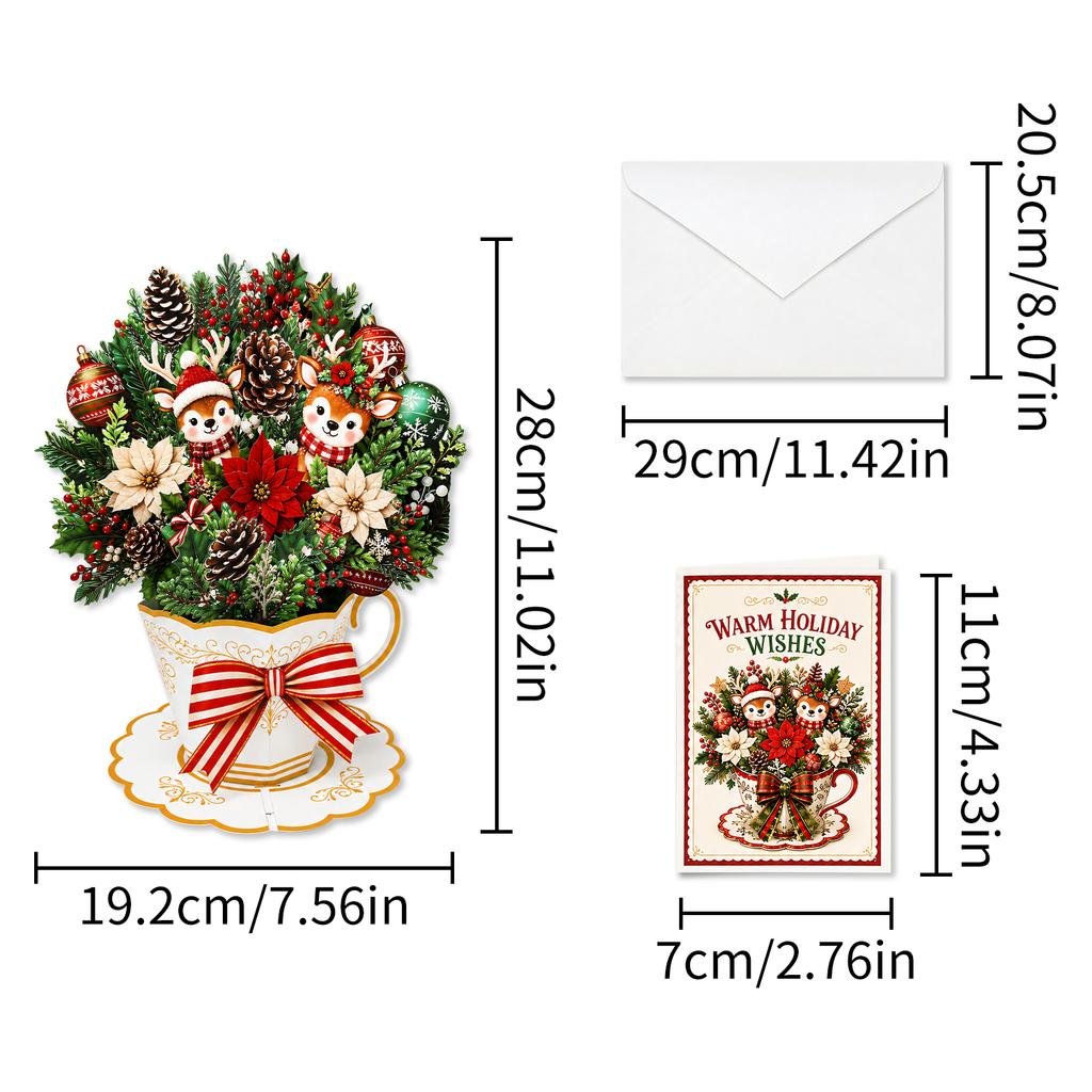 Pop‑up Christmas Greeting Card Delicate Teacup Base Red Paper Bouquet Foldable Holiday Wish Card With Envelope