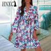 Women's Fashion Autumn Winter Floral Print Long Sleeve V-Neck Casual Dresses