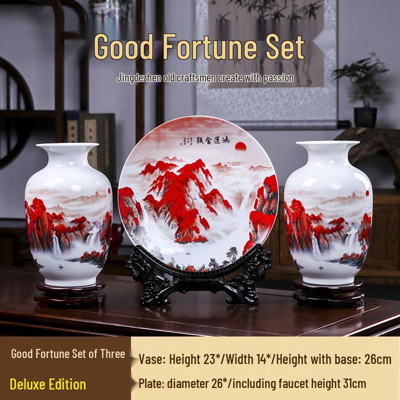 Good Fortune Jingdezhen Ceramic Vase Set: 3-Piece Décor for Living Room, Curio Shelf, or TV Cabinet