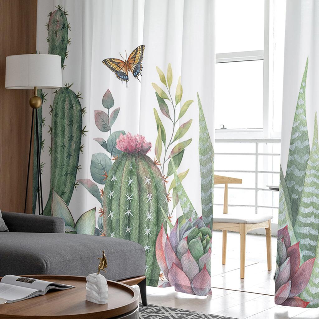 Ins Style Garden Cactus Tropical Plant Sheer Curtains for Bedroom Living Room Voile Window Curtains Tulle Curtains for Kids Room