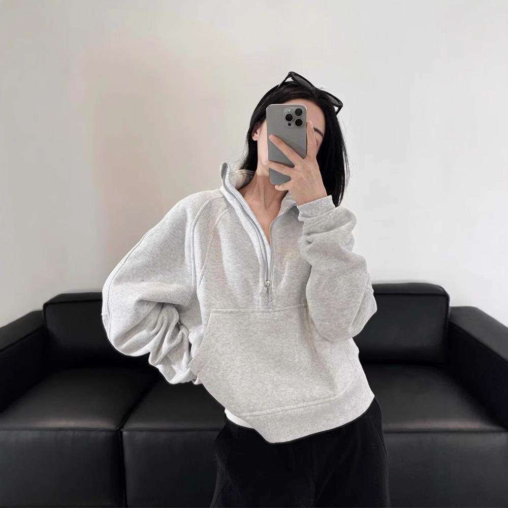Semi-zipper Short Sweatshirt for Women In Spring, Autumn and Winter New Polo Stand Collar Pullover Loose American Sports Top