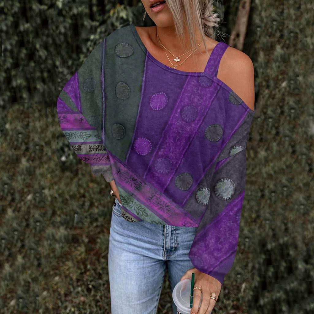 Women's Hollowed Out Fashionable Casual Floral Print Off Shoulder Hoodie Top