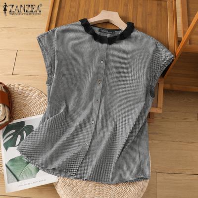 Женские летние рубашки в клетку без рукавов с круглым вырезом