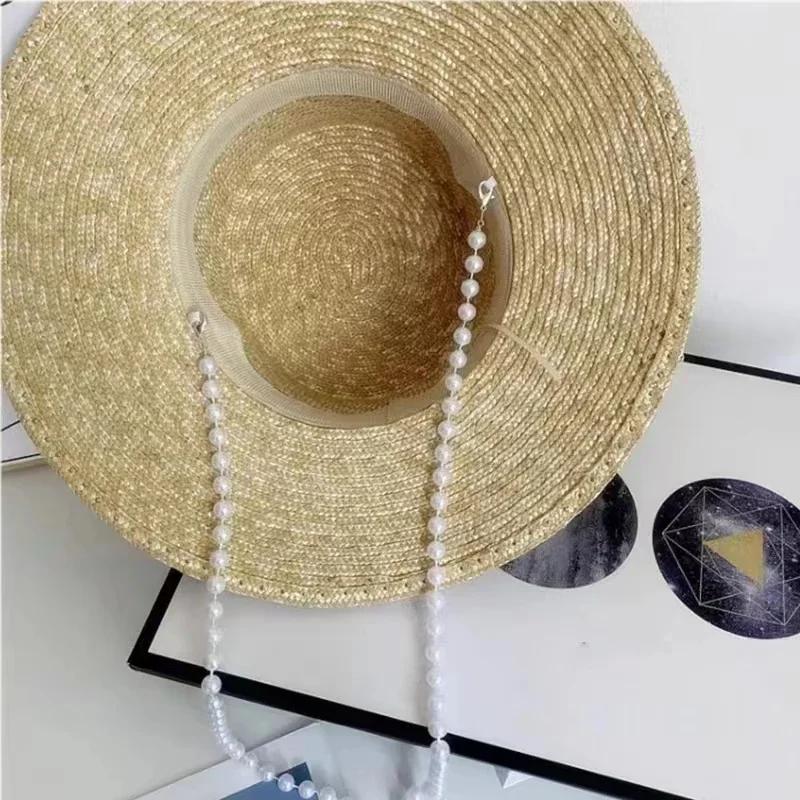 Women's Summer Sun Protection Sun Hats with Pearl Chain, Eaves Straw Fashion Straw Hats for Outdoor Travel