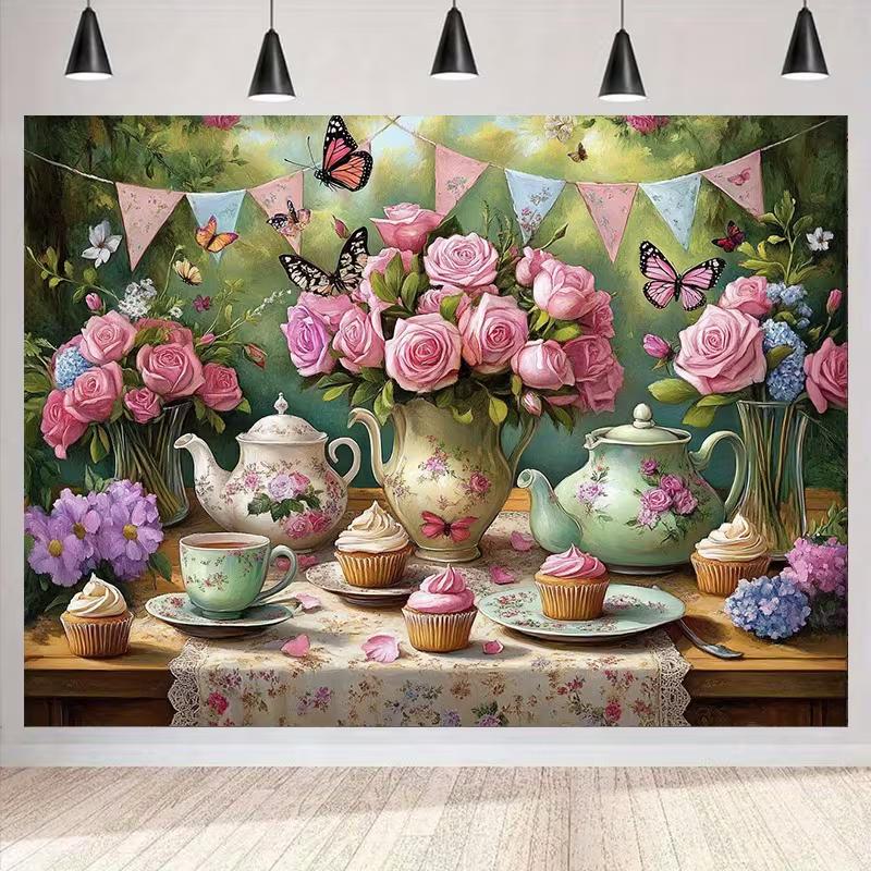 2D Vintage Tea Party Backdrop Pink Roses Teapot Cupcake Garden Background