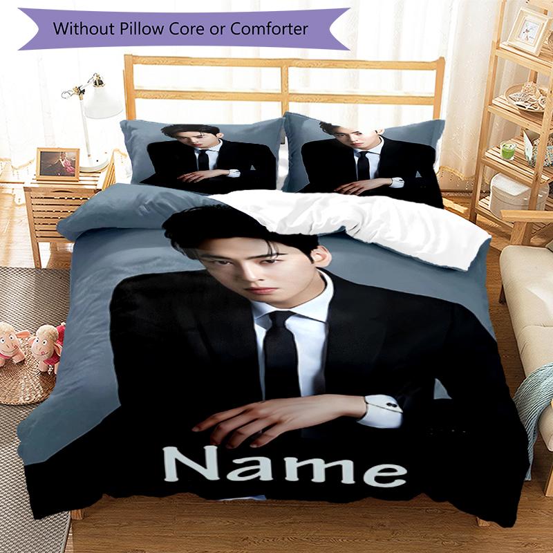 3pcs Custom Name Cha Eun woo Bedding Set Duvet Cover Closure Includes 1 Duvet Cover & 2 Pillowcases, Soft and Comfortable for All Seasons.