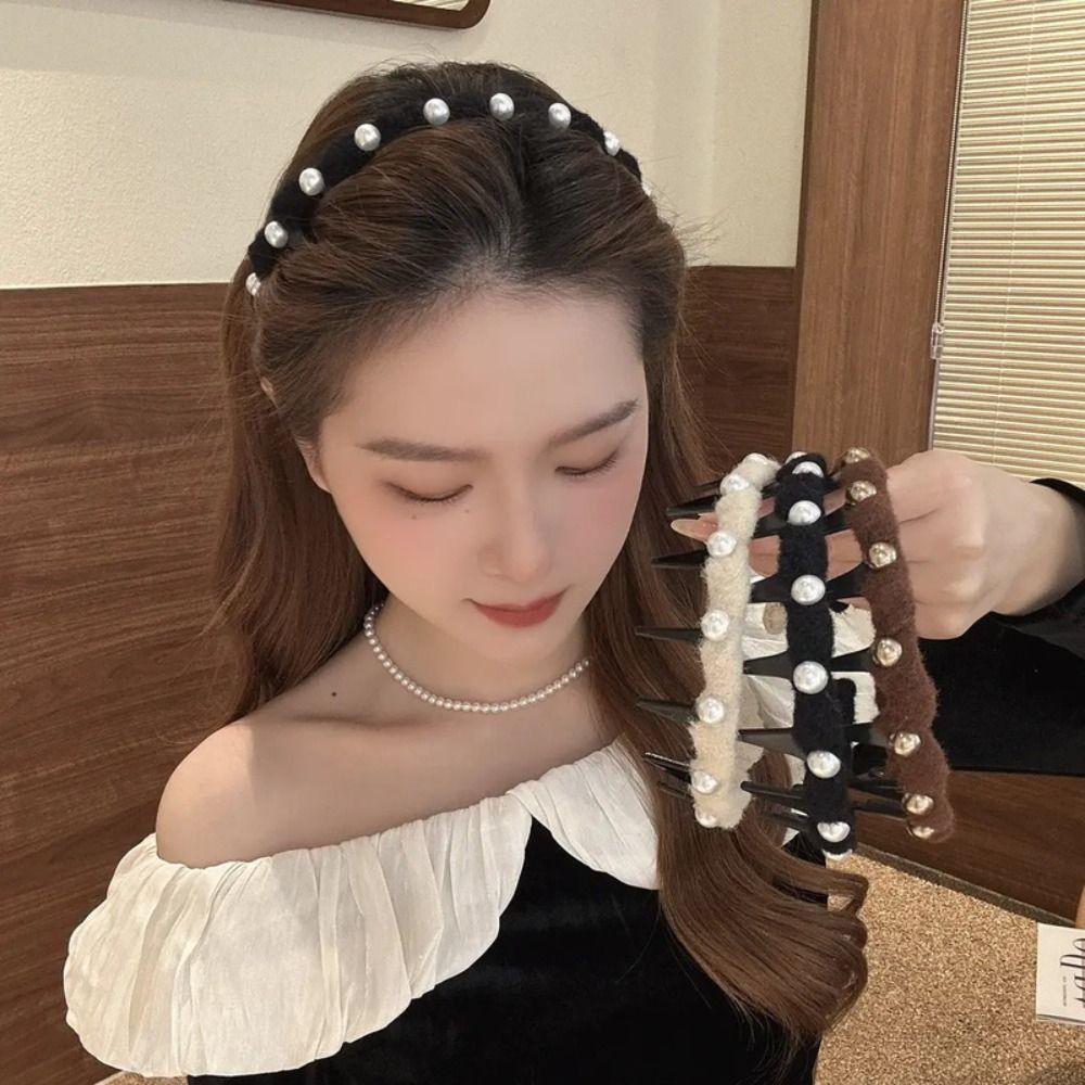 Fluffy Plastic Hair Band Solid Color Face Wash Hairband Sweet Pearl Wave Headband Girl