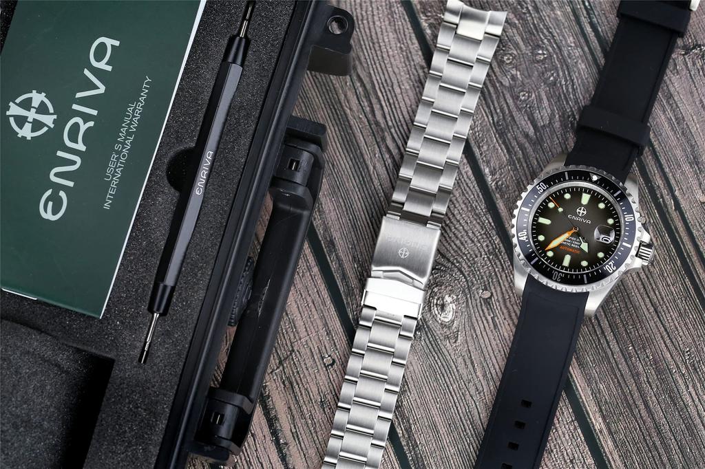 ENRIVA NH35 Спортивные дайверские часы, Автоматические, Отображение даты, Водонепроницаемость 1000 м, Сапфировое стекло, Мужские (Черный, ящик для инструментов в комплекте)