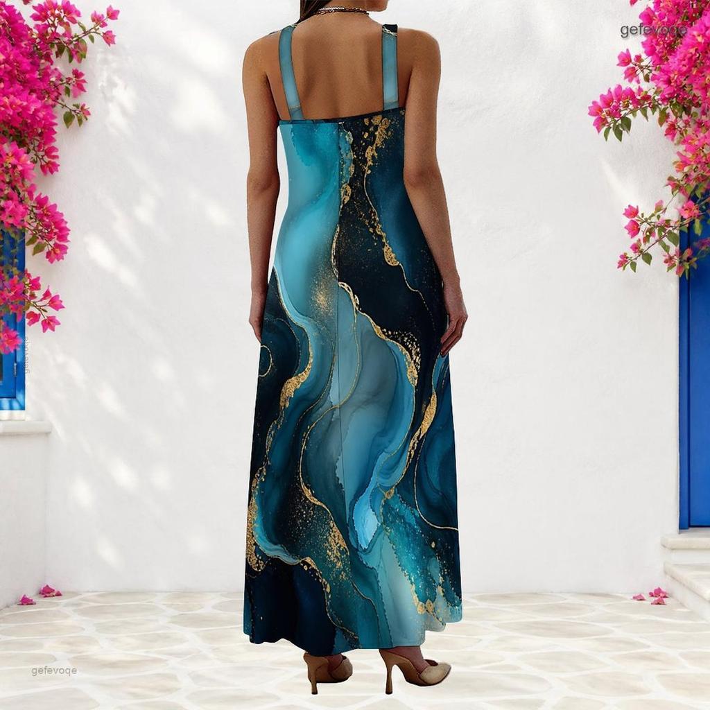 Women Plus Size Scoop Neck Strappy Sleeveless Black Printed A Line Long Dress