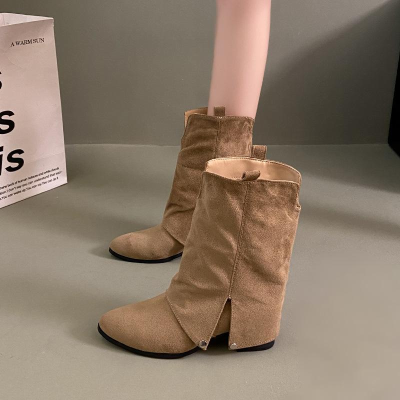 Заостренные ковбойские сапоги на толстом каблуке, короткие сапоги для женщин, осенне-зимние замшевые сапоги до колена