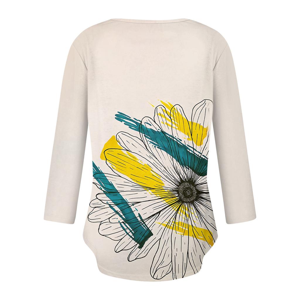 Womens 3/4 Sleeve Daily Weekend V Neck Casual Printed Tshirts Loose Fit Pleated Tees Ladies Blouse