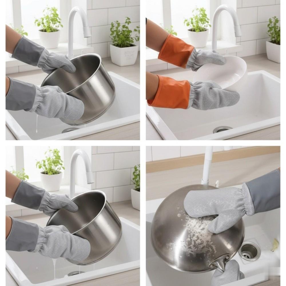 2 Pairs Extended Silver Wire Gloves Thickened Waterproof Cleaning Gloves Wear-resistant Oil Removal Dish Washing Gloves