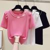 Summer Woman Clothing Slim Versatile T-shirt Korean New Ruffles Short Sleeve Beading Round Neck Female Basic Fashion Casual Tops