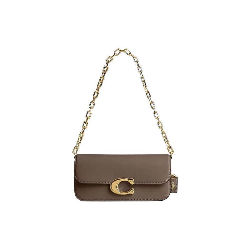 COACH IDOL 23 simple magnetic buckle opening and closing flip chain cow leather baguette bag handbag shoulder bag medium size women's dark stone gray