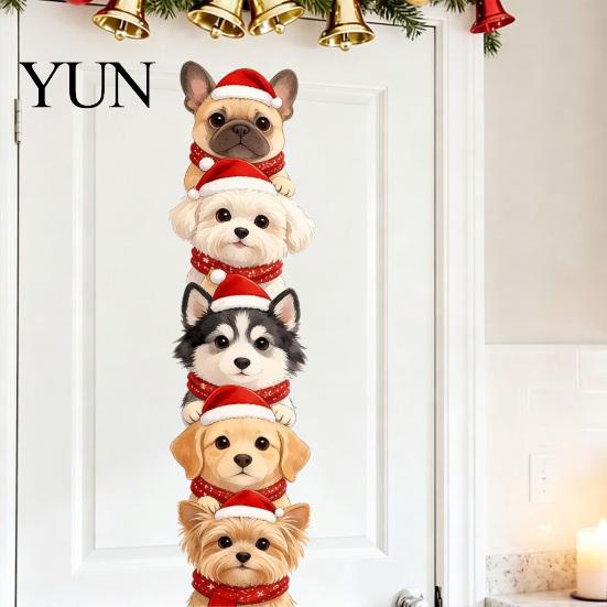 Self-Adhesive Christmas Wall Art Puppy Stickers, Removable Self-adhesive Dog Decals for Walls Doors, PVC Stacked Puppies Home Decor with Santa