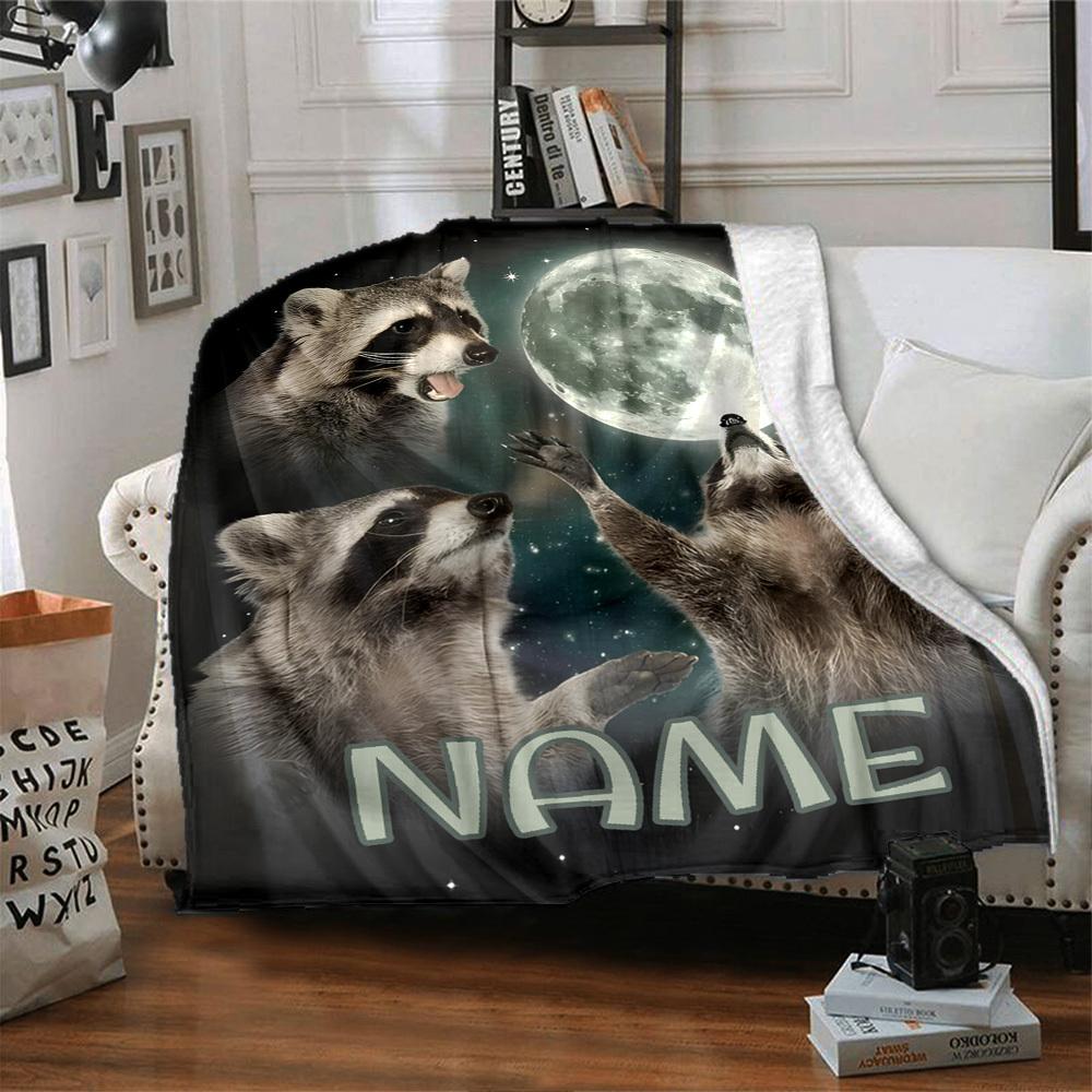 Raccoons Under The Moonlight Lightweight Customizable Blanket Customize Text Comfortable Texture Perfect For Sofa Couch Office Bed Picnics Allseason