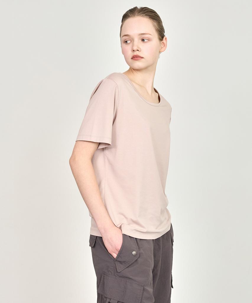 BASIC HOUSE Women'S U-Neck Oversized Stretch Short Sleeve T-Shirt Dark Beige Lats0210