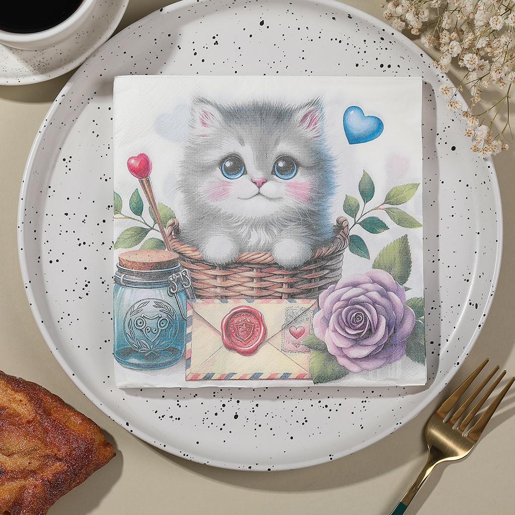 20pcs Printed Napkins Cute Cat Decoration Holiday Party High-end Hotel Restaurant Virgin Wood Pulp Square Napkins