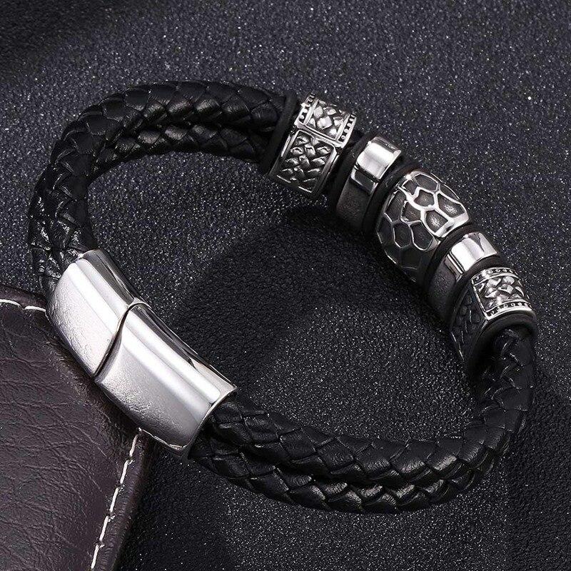 Genuine Braided Men Leather Bracelet Charm Stainless Steel Bracelets Fashion Jewelry Male Gift