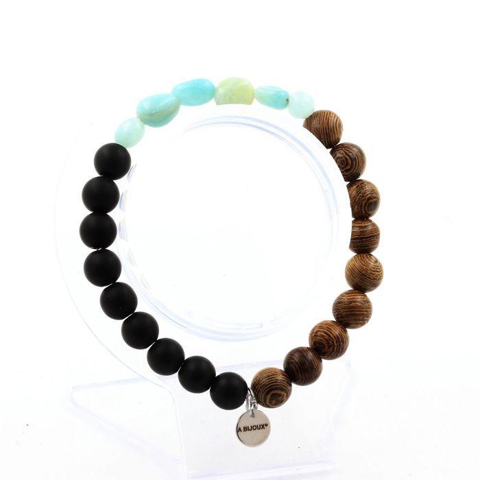 Stones and Minerals. Amazonite Bracelet from Brazil + Matte Black Onyx Beads + 8 Mm Wood. Made In France.