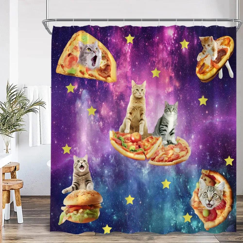 Забавная шторка для душа с кошкой, кошка верхом на акуле, динозавр, цветок, цветочный, полиэстер, шторка для ванны, космос, планета, декор для ванной комнаты с крючками