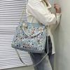 Rhinestone Embellished Denim Tote Bag - Woven Canvas Shoulder Bag with Diamond Accents, Large Capacity Crossbody Purse for Women