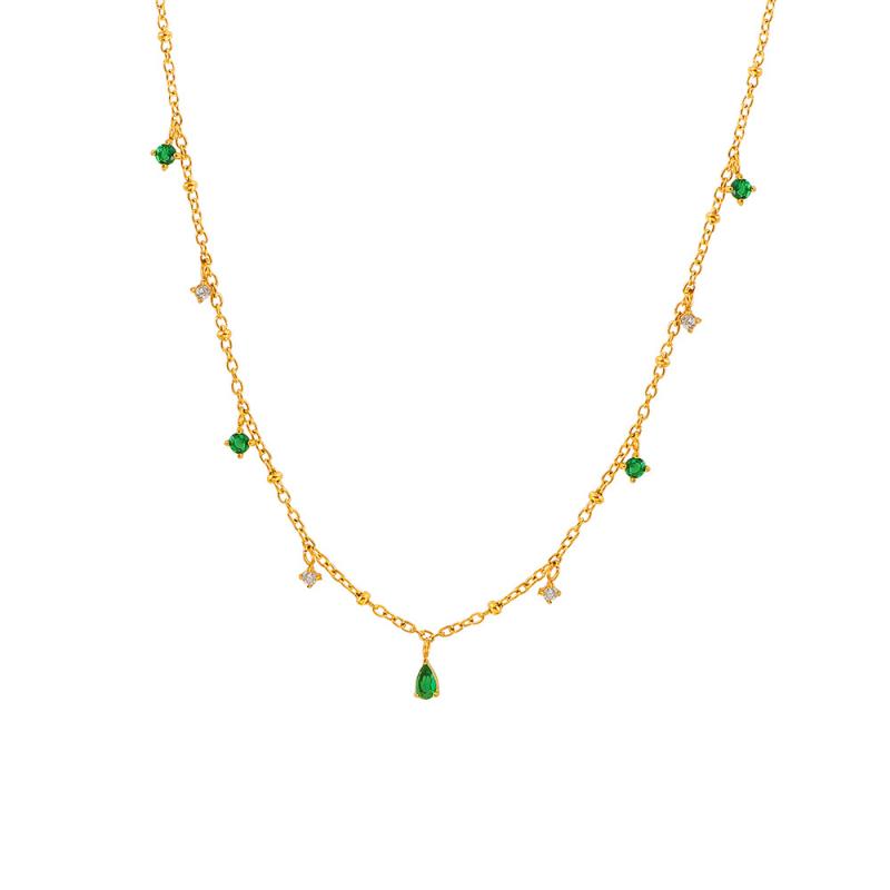 Green Water Drop Green Diamond Necklace French Retro Exquisite 18K Gold Niche Stainless Steel Pendant Neck Chain