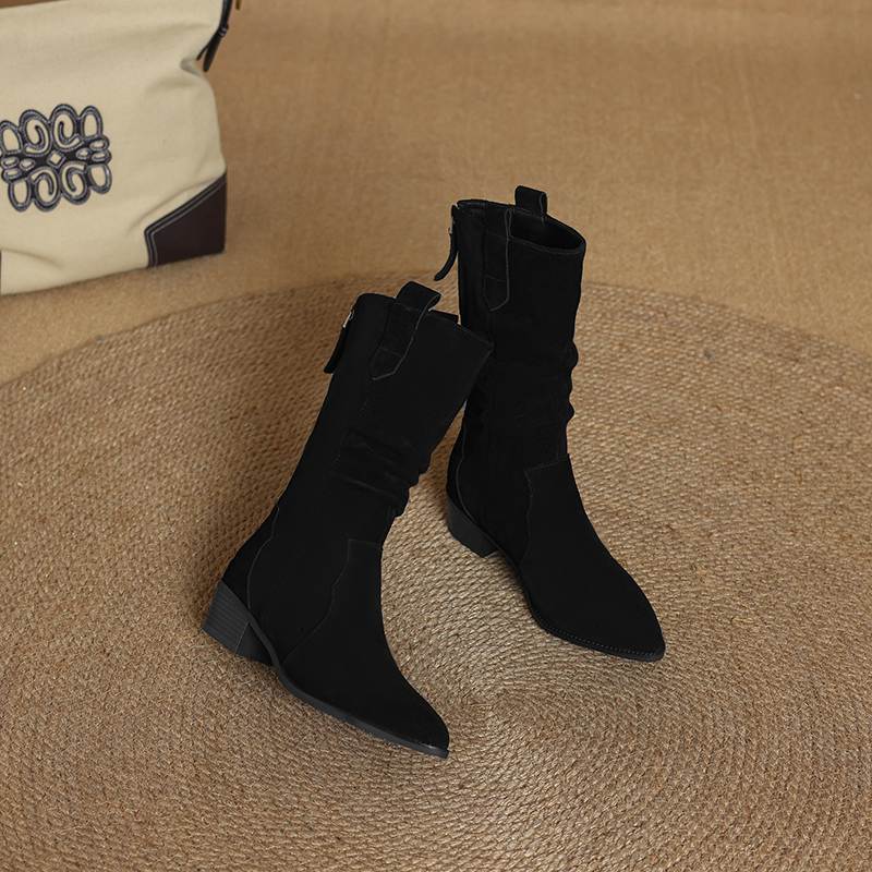 Krazing Pot Зимние женские сапоги из коровьей замши и нубука с круглым носком и средним каблуком, элегантные женские сапоги до середины голени в стиле ретро со складками