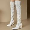 Модные сексуальные сапоги выше колена на танкетке, женские каблуки с острым носком, высокие сапоги до бедра, длинные современные сапоги, женская обувь, черно-белая обувь на танкетке