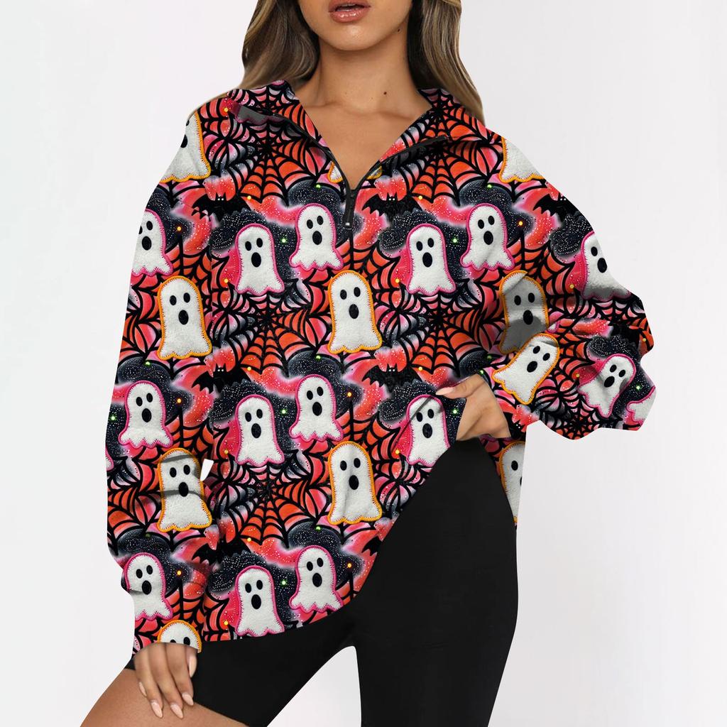 Женский свитер с застежкой-молнией 1/4, свитшот с длинным рукавом, с принтом и заниженной линией плеч, модная толстовка с капюшоном