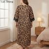Women Leopard Lace 3/4 Sleeve Nightgown Loose Plus Size Homewear Sexy Knit Pajamas