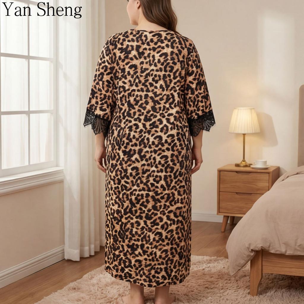 Women Leopard Lace 3/4 Sleeve Nightgown Loose Plus Size Homewear Sexy Knit Pajamas