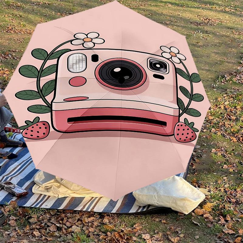 1pc Camera Strawberry Automatic Open/Close Umbrella Compact Folding Umbrella with 8-Rib Shaft for Women/Men, Elegant Birthday1197S