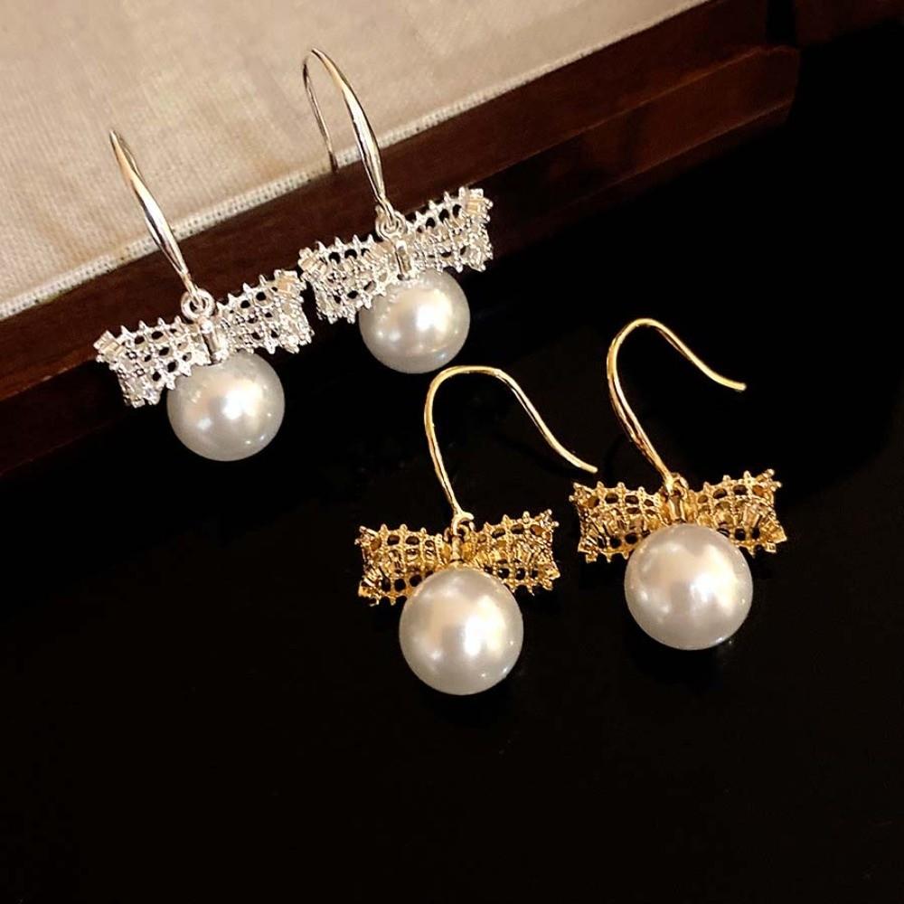 Shell Beads Bow Pearl Long Earrings Wedding Bride Ear Hook Exquisite Drop Earrings Female