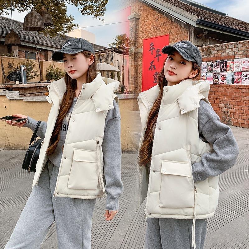 Одинарный хлопковый жилет, большой размер, хлопковый жилет на пуху с капюшоном, женский осенне-зимний свободный хлопковый жилет, короткий хлопковый жилет