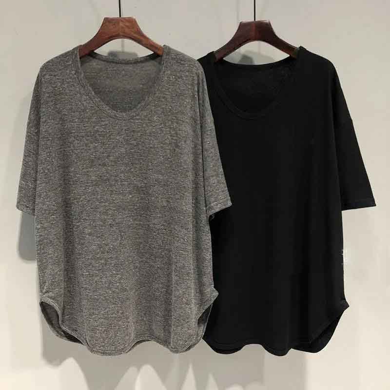 Весенняя и летняя арка, корейская версия корейской версии The Loose, Lazy, футболка средней длины с U-образным воротником и рукавами «летучая мышь», женский топ с короткими рукавами