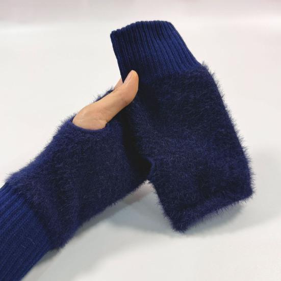 Женские перчатки без пальцев из искусственного меха с отверстием для большого пальца, полупалые перчатки, эластичные, теплые, зимние, для печати, письма, варежки