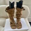 Модные ботильоны с квадратным носком и открытым носком из эластичного флиса, летние новые ботинки с ремешком и вставками на голенище, на низком каблуке, высокие ботинки женские