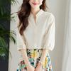 Summer Elegant Fashion Embroidery 3/4 Sleeve Solid Color Cotton Shirt Women V-neck Casual Cardigan Blouse