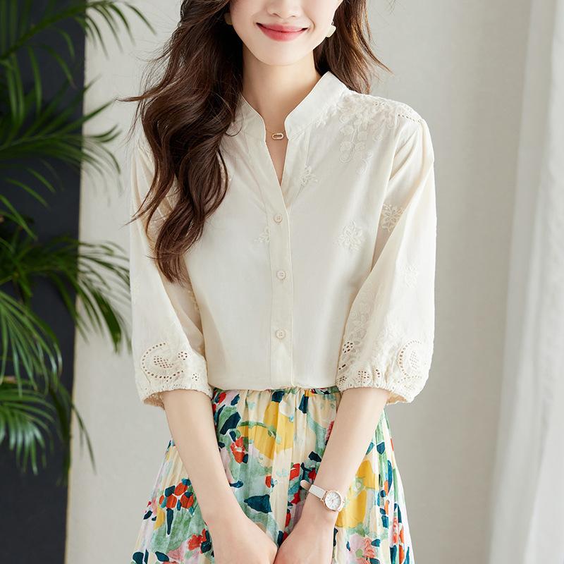 Summer Elegant Fashion Embroidery 3/4 Sleeve Solid Color Cotton Shirt Women V-neck Casual Cardigan Blouse
