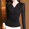 Office Lady Solid Color V-Neck Shirt Spring Autumn Stylish Sequined Korean Long Sleeve Women's Clothing Gauze Patchwork Blouse